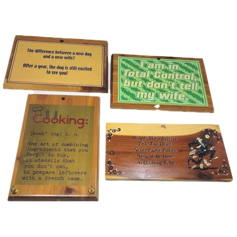Set of 4 Vintage Cedar Novelty Plaques 5x7 Cabin Man Cave Humor Decor MCM NOS